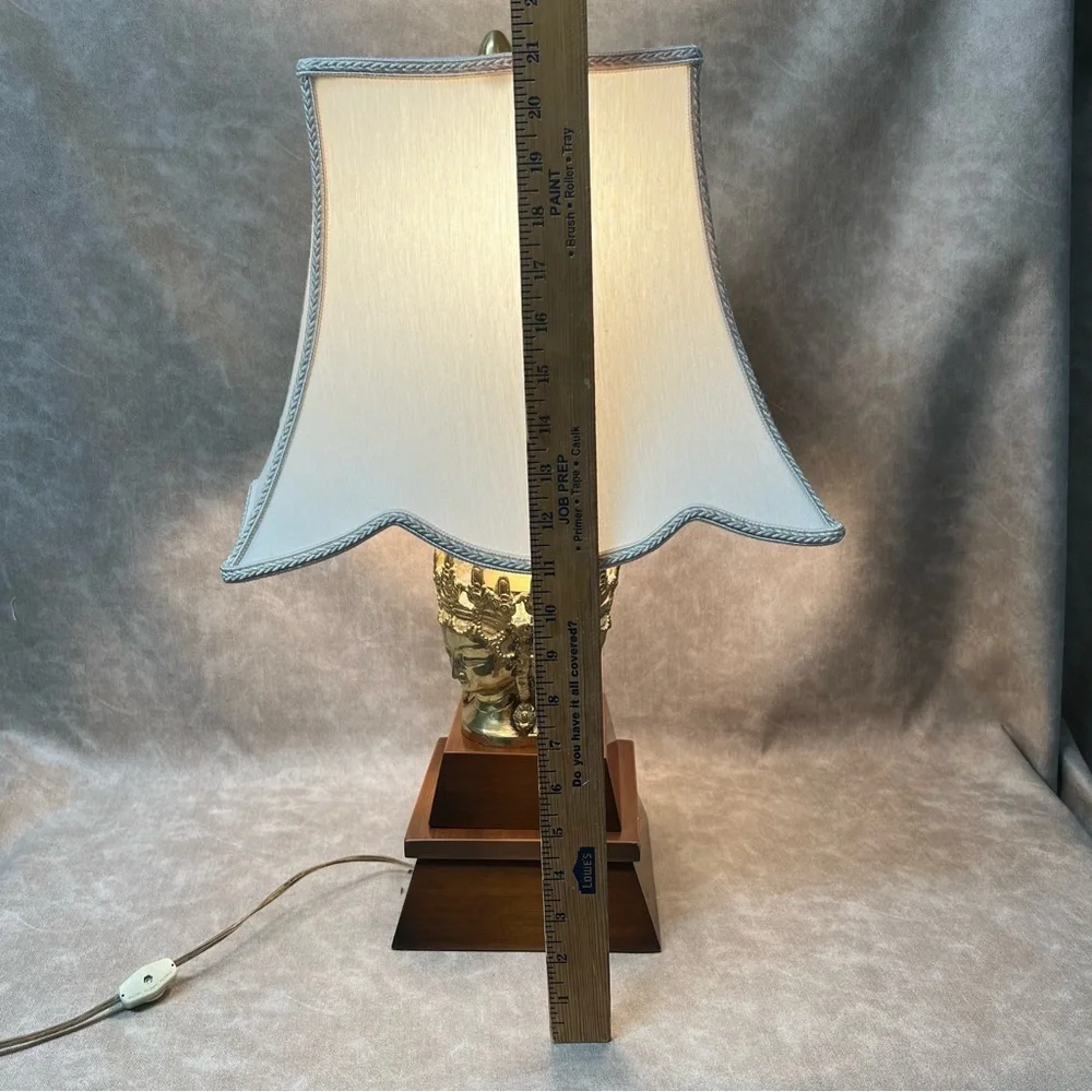 Vintage Table Lamp with Crowned Asian Faces in Brass on Wood Base